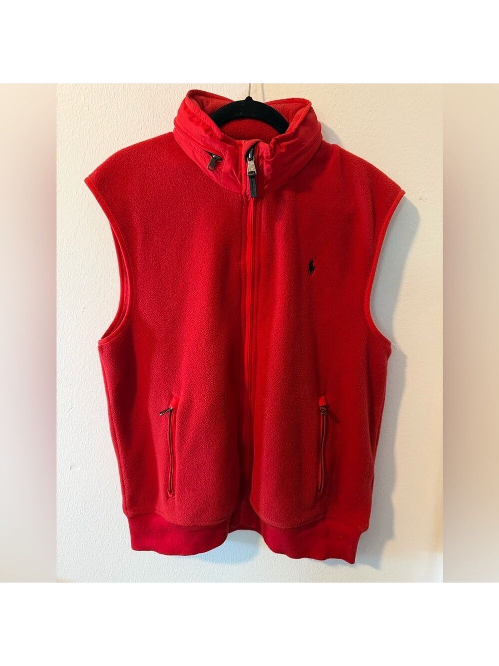 Polo Ralph Lauren Red Polartec Fleece Vest Packable Hood Hoodie Polyester XL